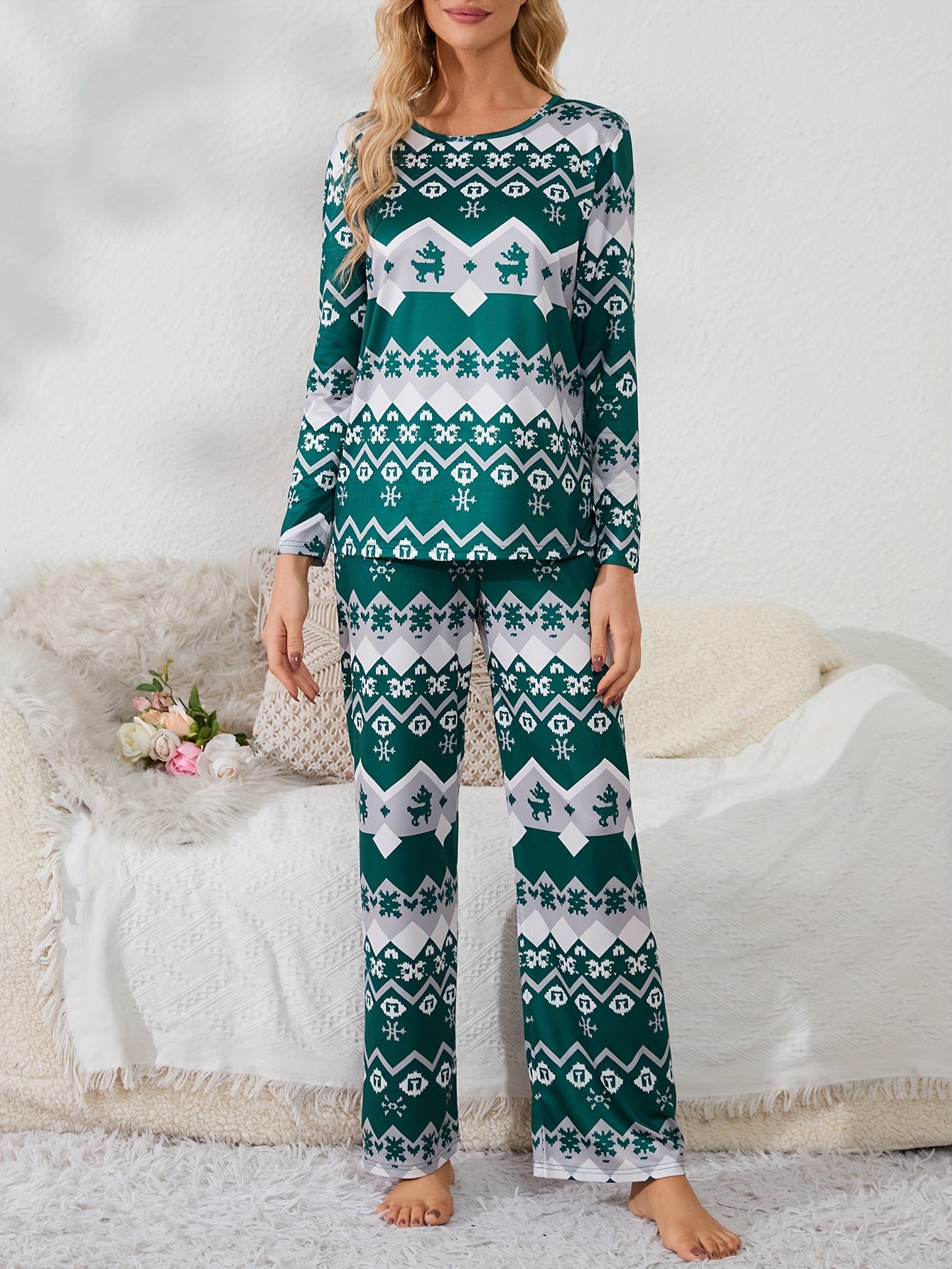 Geometric Print Pajama Set Long Sleeve Top & Pants