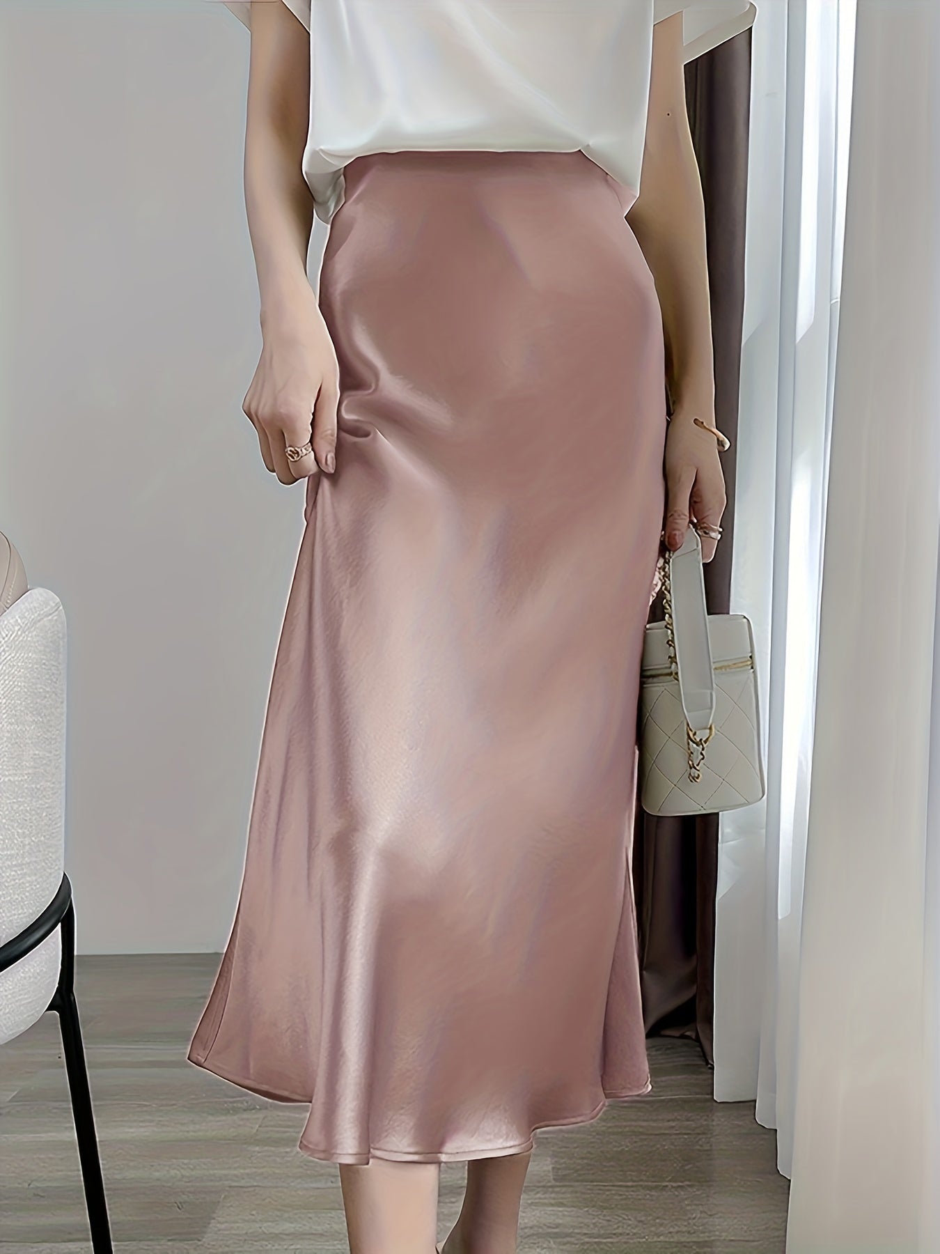 Vintage Satin Maxi Skirt High Waist Summer Casual Solid Retro Style