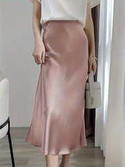 Vintage Satin Maxi Skirt High Waist Summer Casual Solid Retro Style