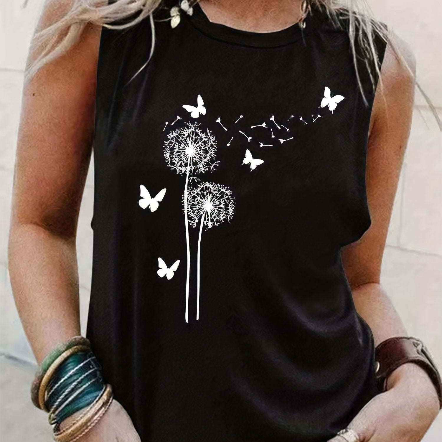 Dandelion Print Tank Top Sleeveless Casual Crew Neck Top
