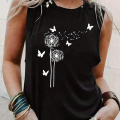 Dandelion Print Tank Top Sleeveless Casual Crew Neck Top