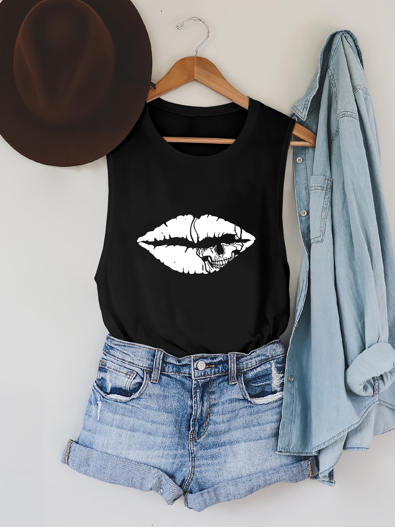 Lip Print Tank Top Crew Neck Summer Sleeveless Top Women's Clothing