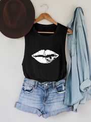 Lip Print Tank Top Crew Neck Summer Sleeveless Top Women's Clothing