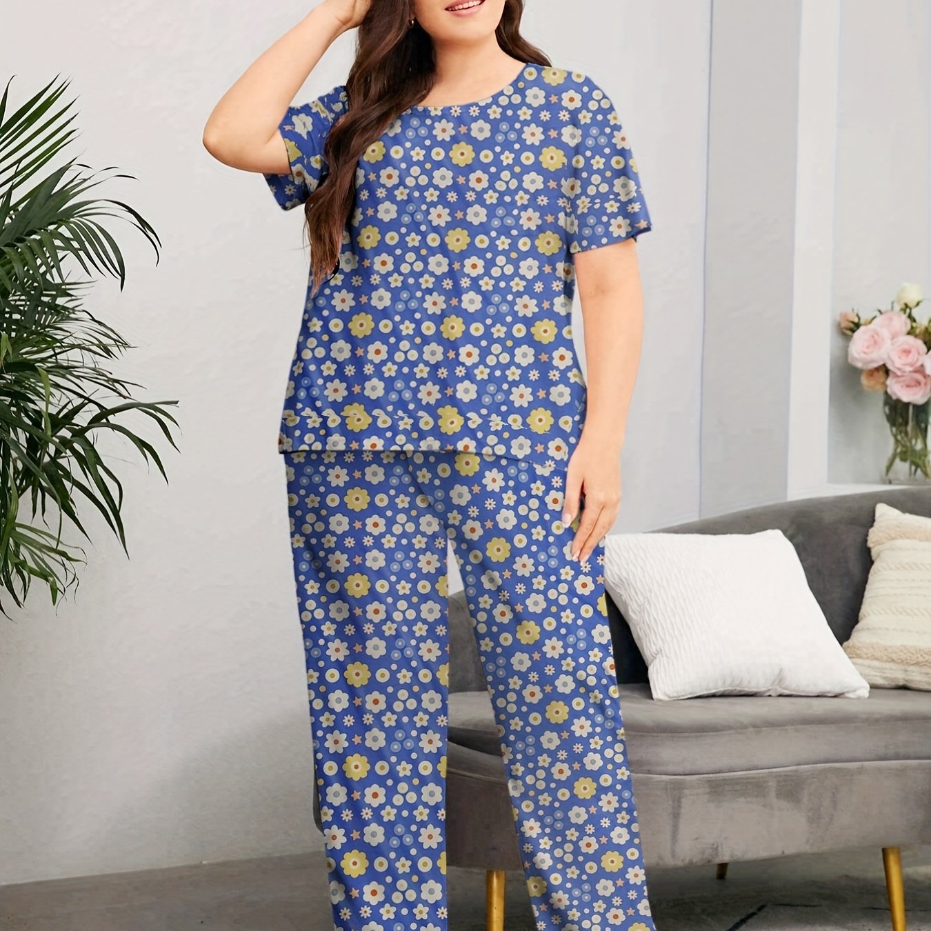 Floral Print Pajama Set Women's Short Sleeve Top & Pants