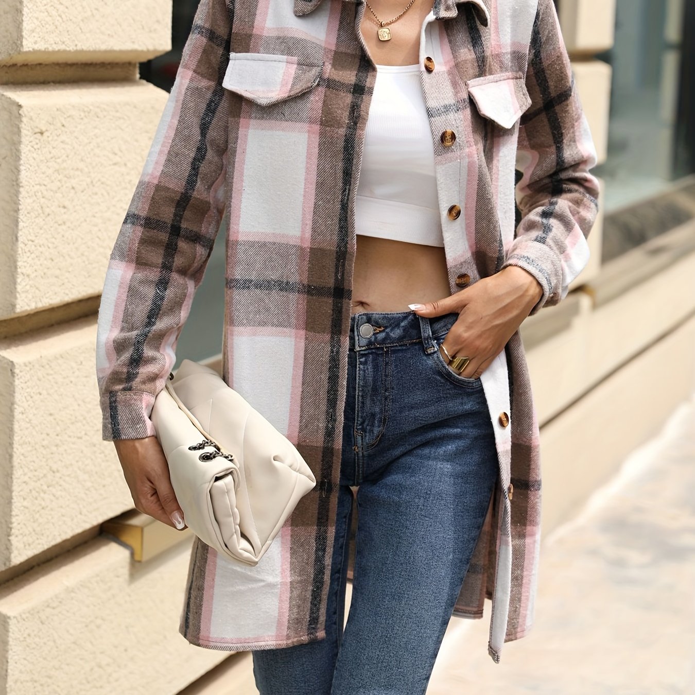 Plaid Belted Jacket Long Sleeve Fall Winter Women's Clothing