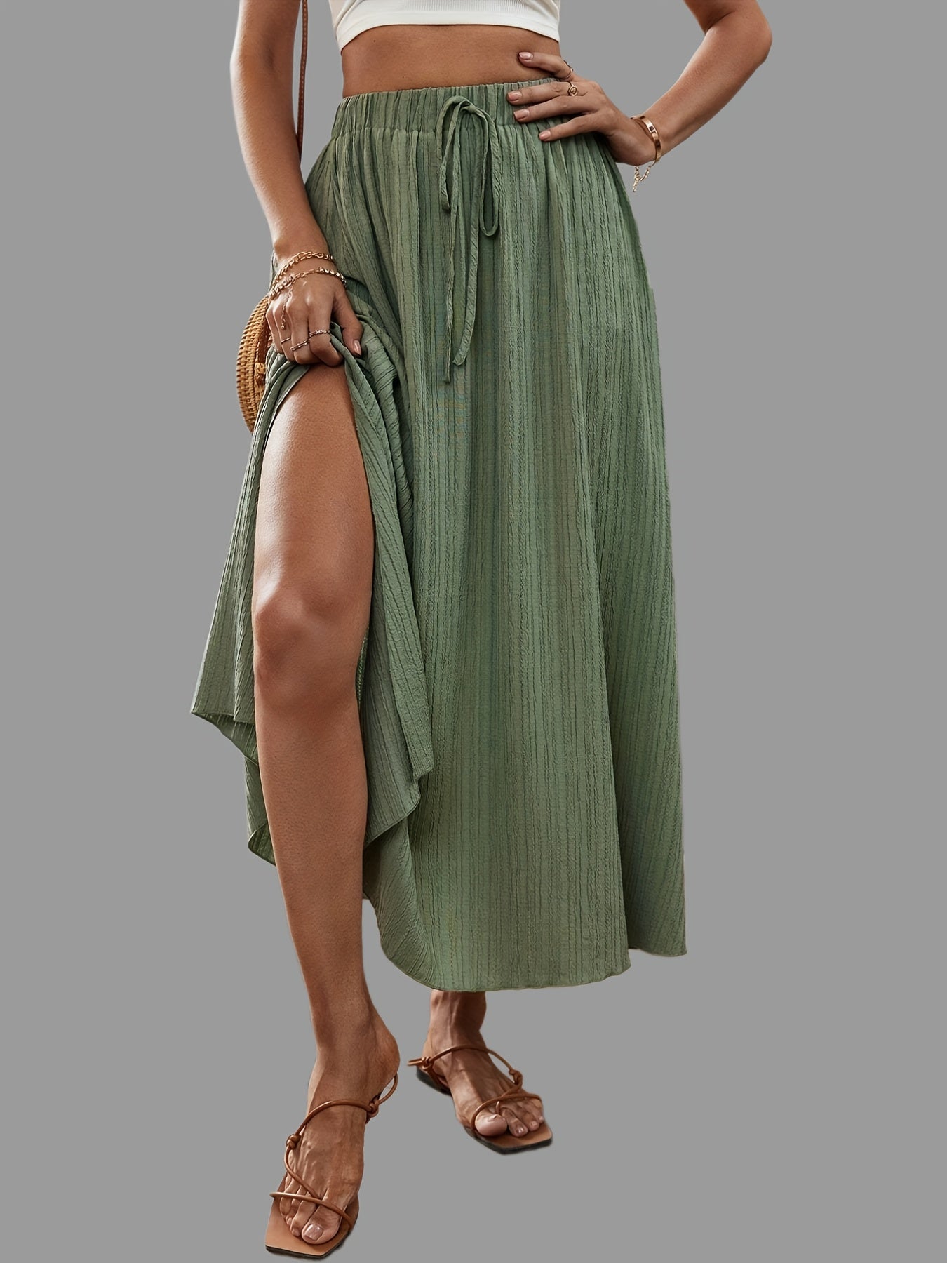 Solid Textured Pleated Drawstring Ankle Skirt