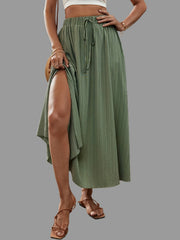 Solid Textured Pleated Drawstring Ankle Skirt