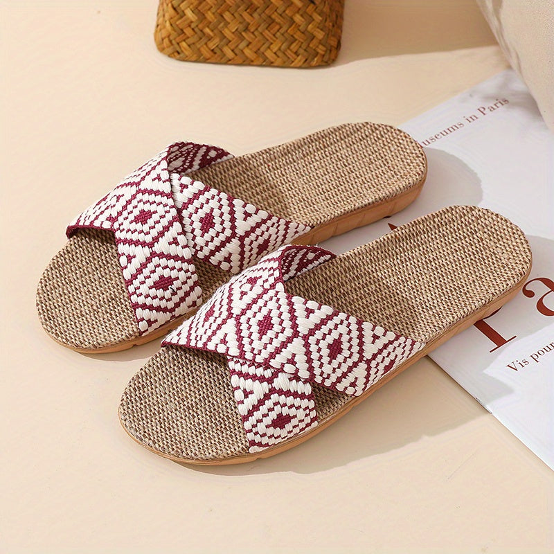 Women's Linen Flat Slides with Geometric Pattern