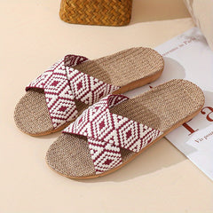 Women's Linen Flat Slides with Geometric Pattern