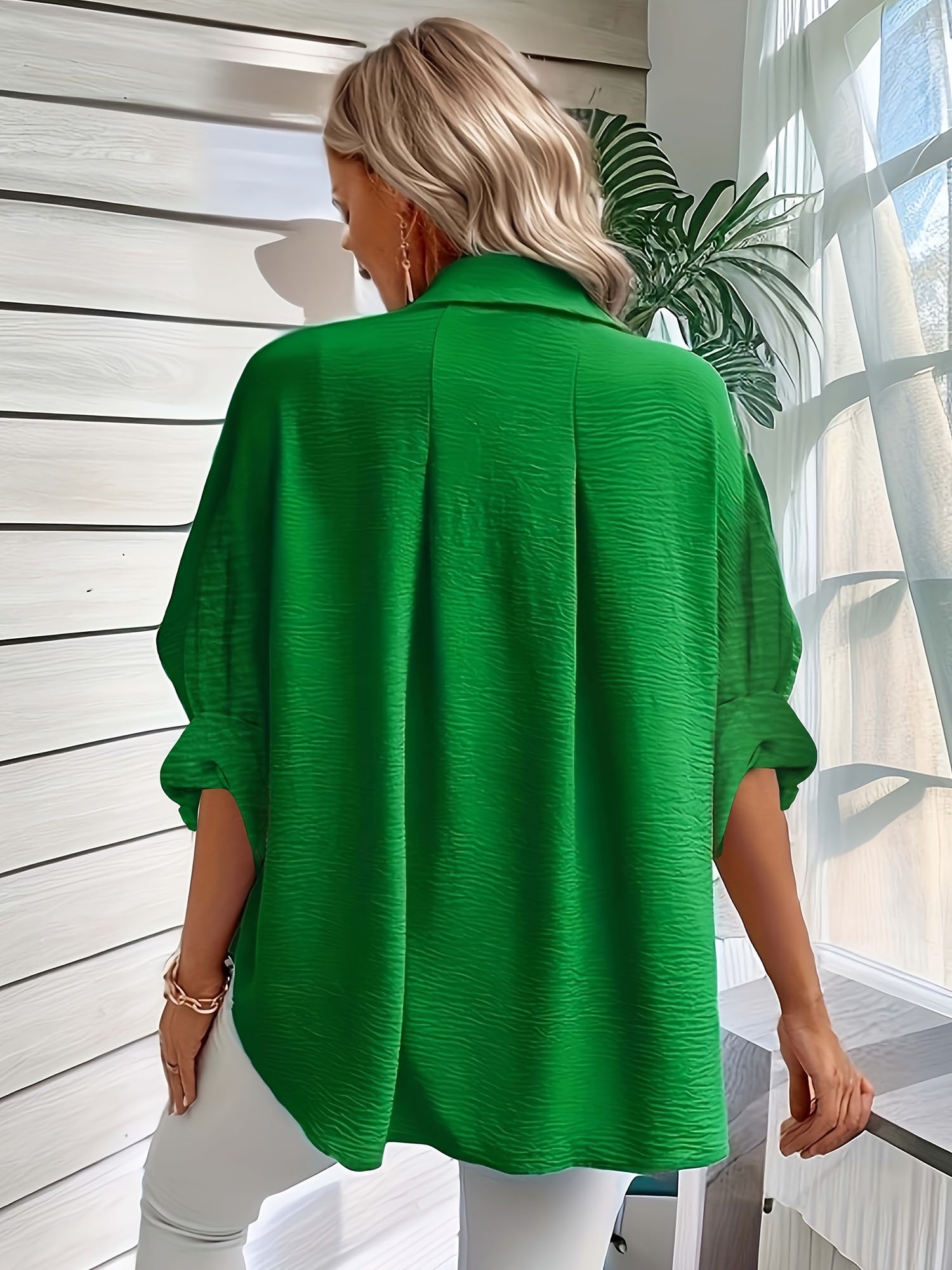 Women's Solid Textured Button Up Long Sleeve Blouse