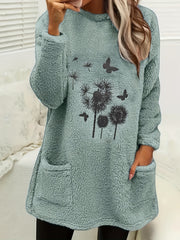 Butterfly Plant Print Pullover Sweatshirt Furry Casual Sweatshirt