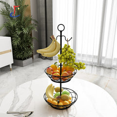 Double Layer Iron Hanging Ring Fruit Basket with Banana Hook