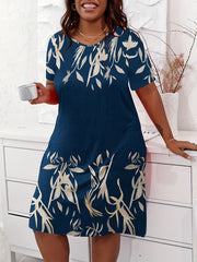 Leaf Print Short Sleeve Round Neck Sleep Dress