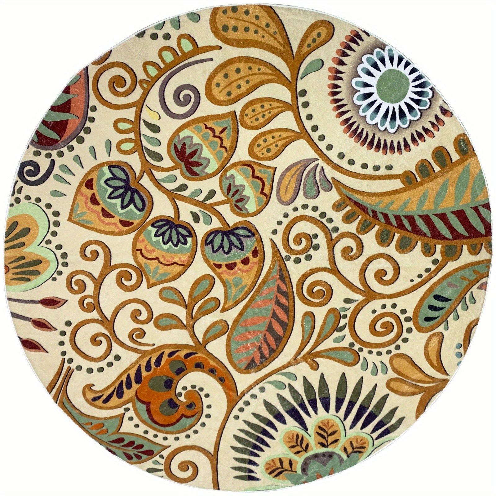 Large Circle Rug Paisley Floral Rugs Machine Washable Low Pile Floor Mat