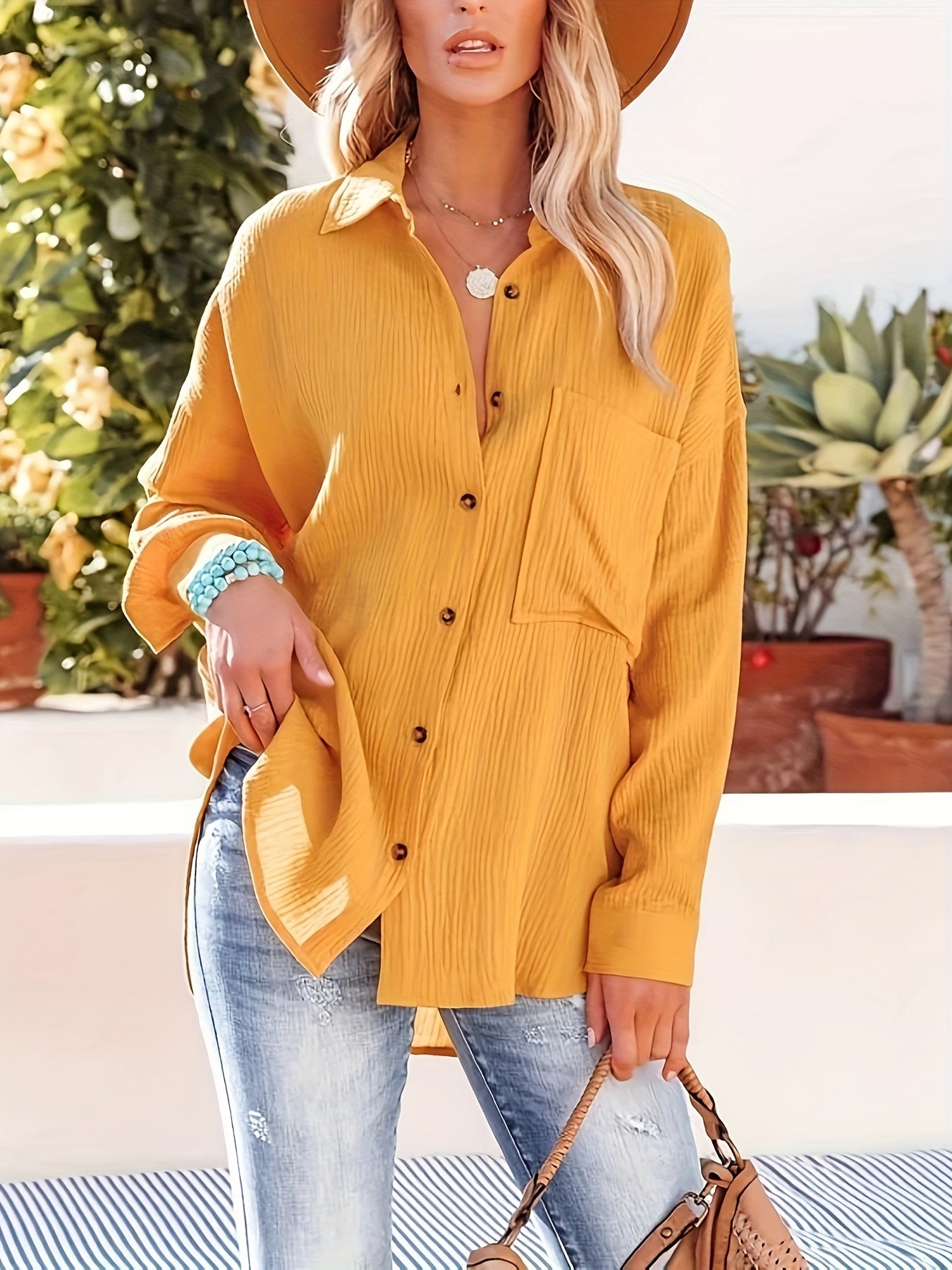Solid Textured Drop Shoulder Long Sleeve Button Up Blouse