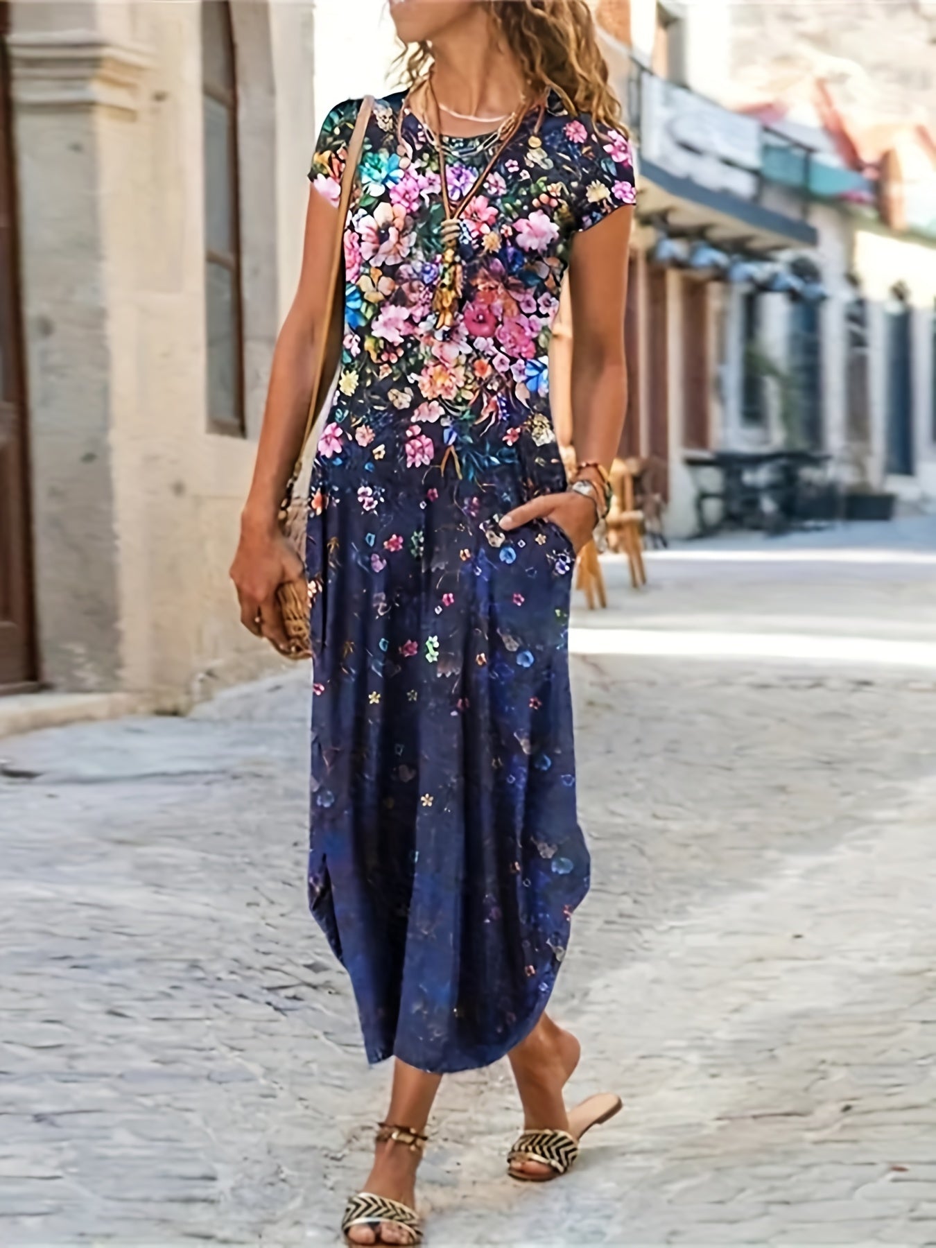 Women's Plus Floral Print Short Sleeve Dress With Pockets