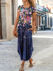 Women's Plus Floral Print Short Sleeve Dress With Pockets