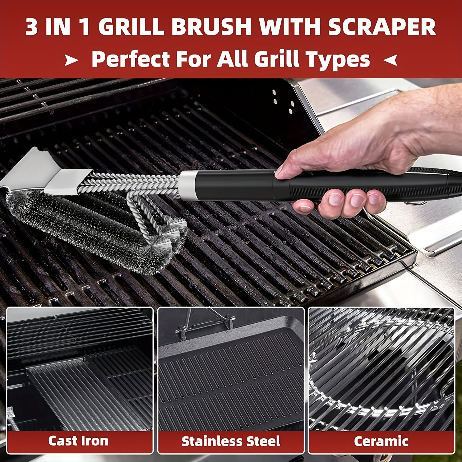 3-in-1 Grill Brush BBQ Cleaner Scraper for Gas, Porcelain, and Charbroil Grates