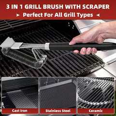 3-in-1 Grill Brush BBQ Cleaner Scraper for Gas, Porcelain, and Charbroil Grates
