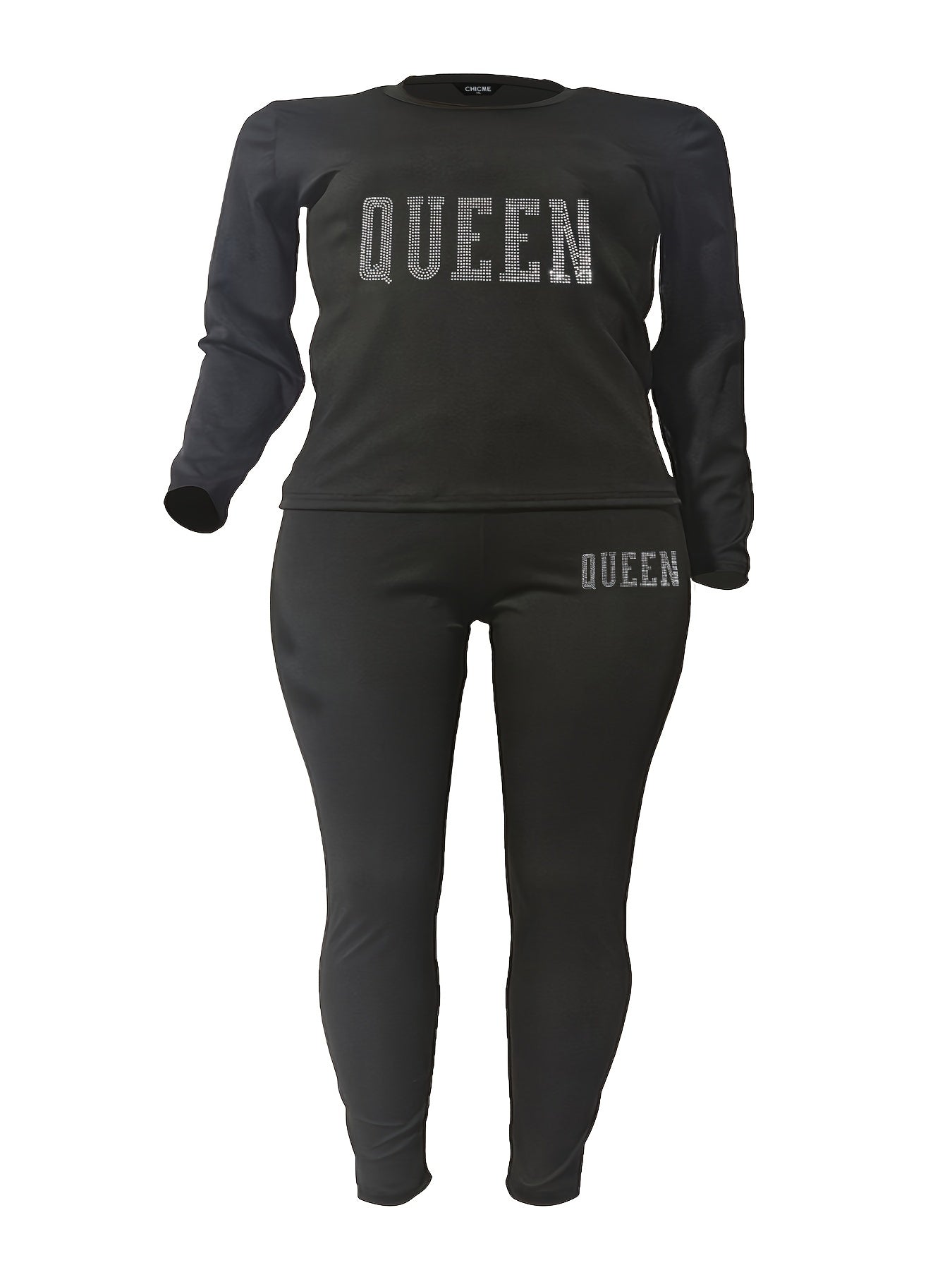 Rhinestone Letter Print Sleeve Crop Top & Leggings Set