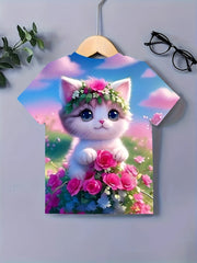 3D Kitten Graphic Short Sleeve T shirt For Girls Summer Sports