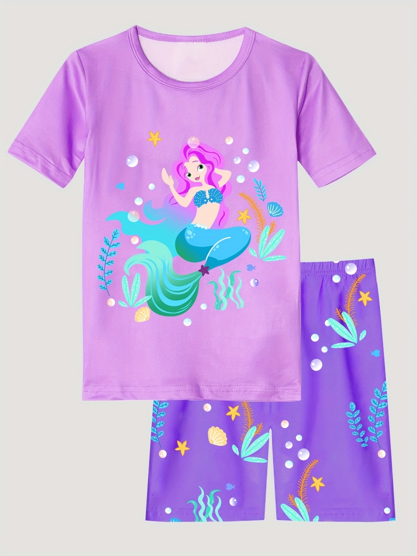 Girls Mermaid Print T Shirt & Shorts 2 Piece Set