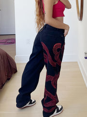 Snake Print Straight Legs Jeans Contrast Loose Denim Long Pants