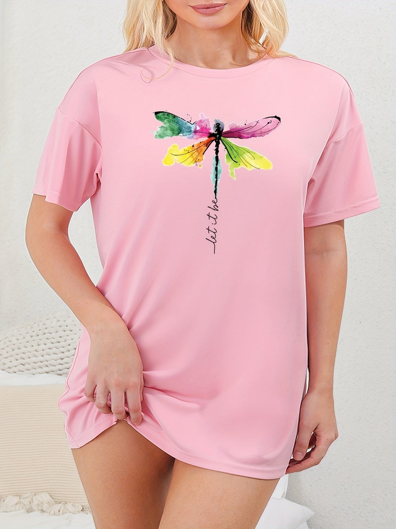 Dragonfly Print Round Neck Sleep Dress