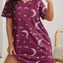 Eyelash & Moon Print Nightdress Short Sleeve Round Neck Sleep Dress