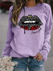 Bat Lip Print Sweatshirt Long Sleeve Crew Neck Women's Clothing