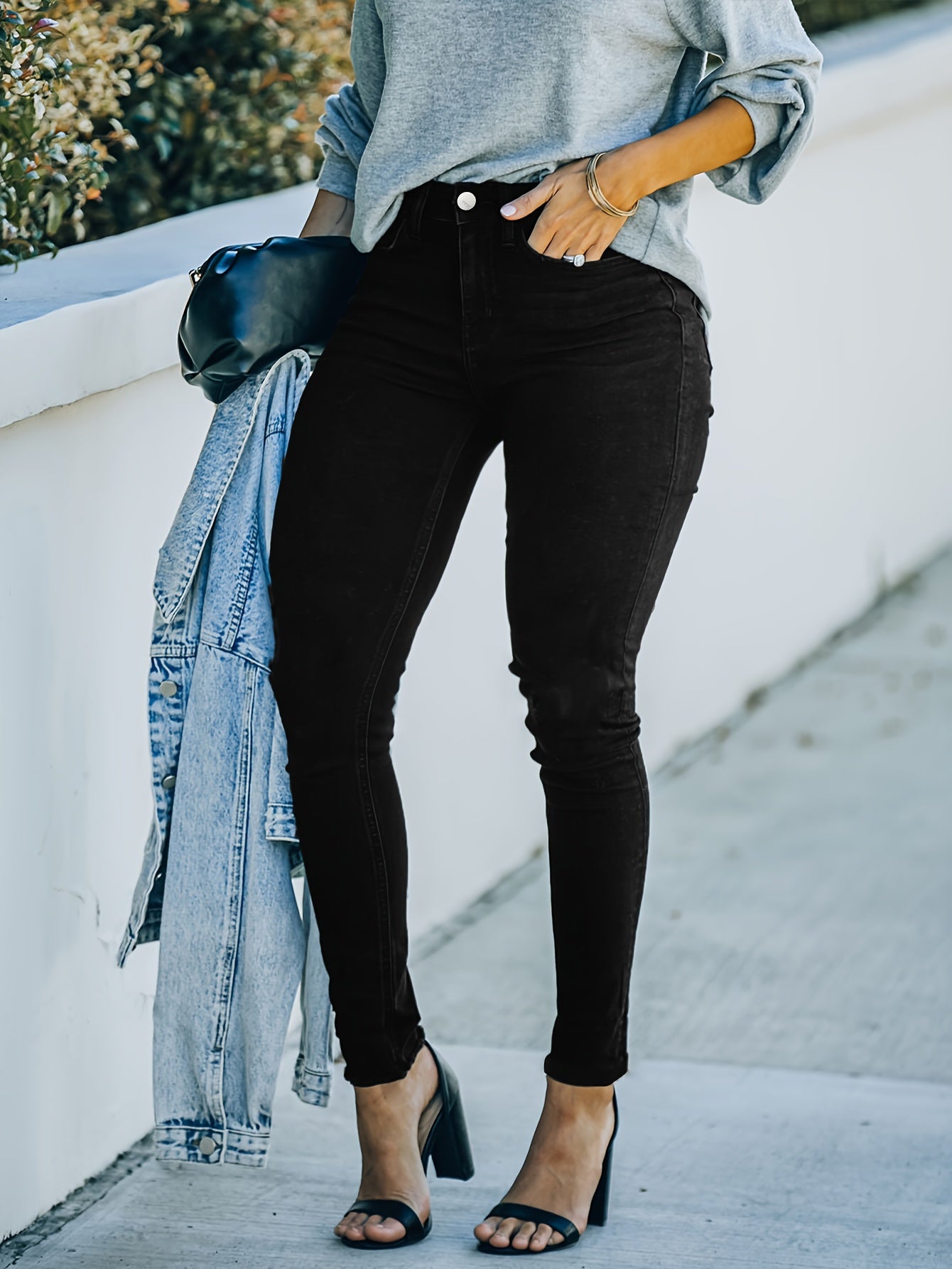 Solid Button Fly High Stretch Skinny Jeans
