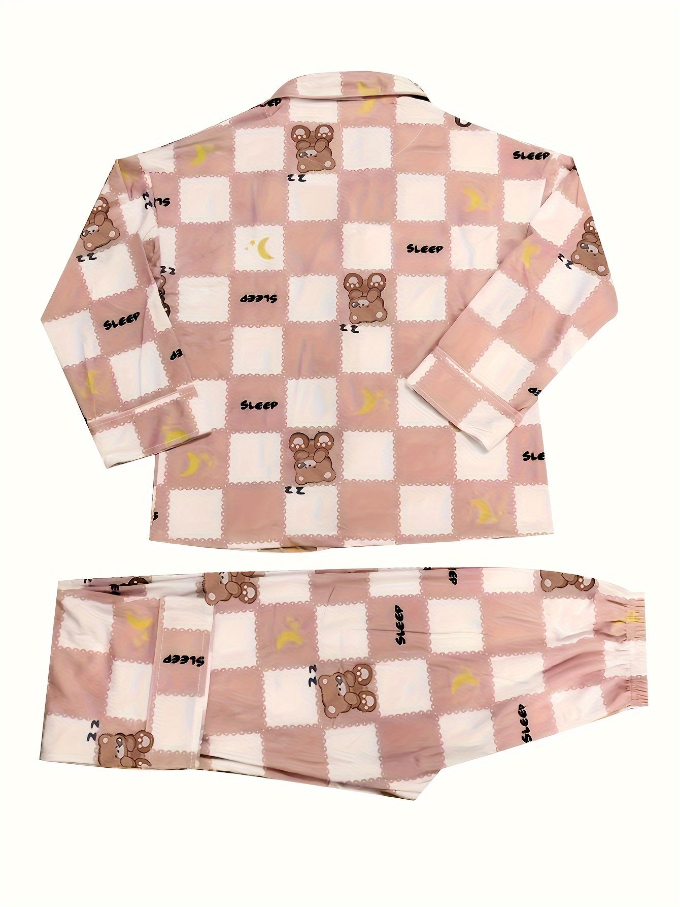 Bear Print Plaid Pajama Set Long Sleeve Button Up Top & Elastic Waistband Pants