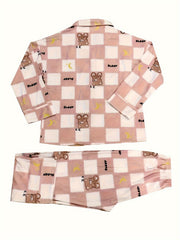 Bear Print Plaid Pajama Set Long Sleeve Button Up Top & Elastic Waistband Pants
