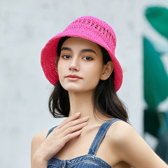 Rose Red Crochet Bucket Hat Straw Hat Hollow Vacation Beach Fisherman