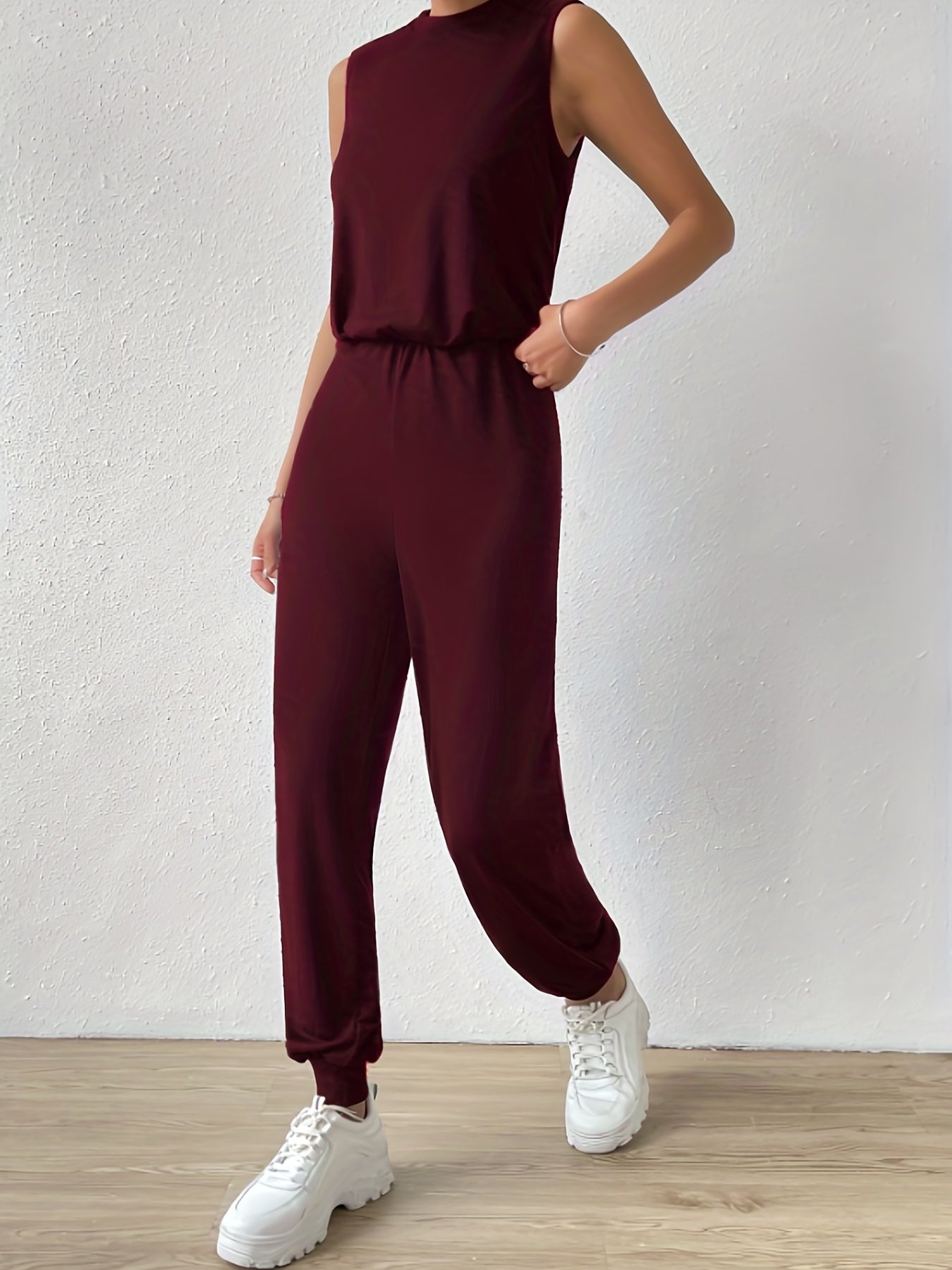 Sleeveless Waist Jumpsuit Solid Workout Women's Clothing