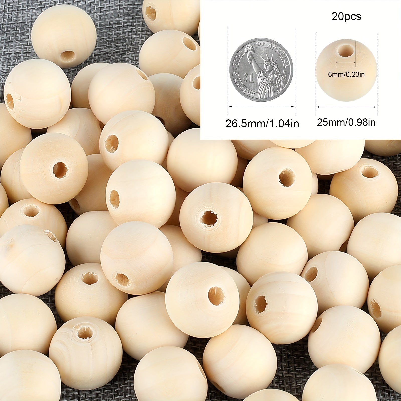 20pcs Natural Unprocessed Wooden Beads 25mm for DIY Crafts Home Party Decor