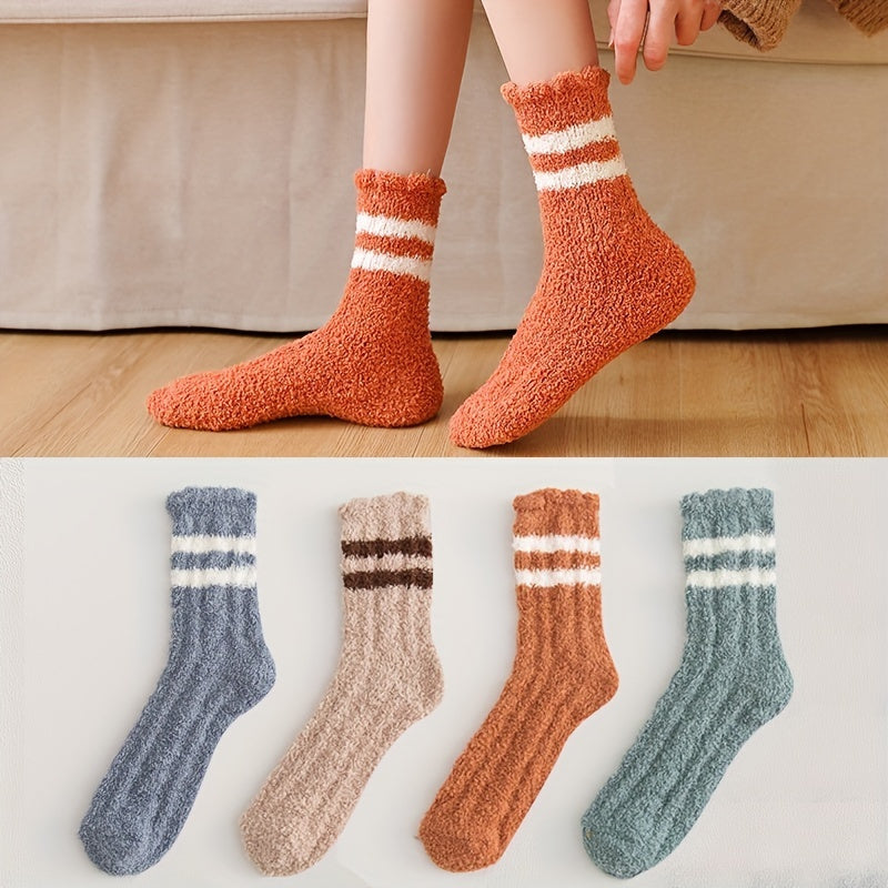 4 Pairs Striped Fuzzy Socks Warm Mid Tube Stockings