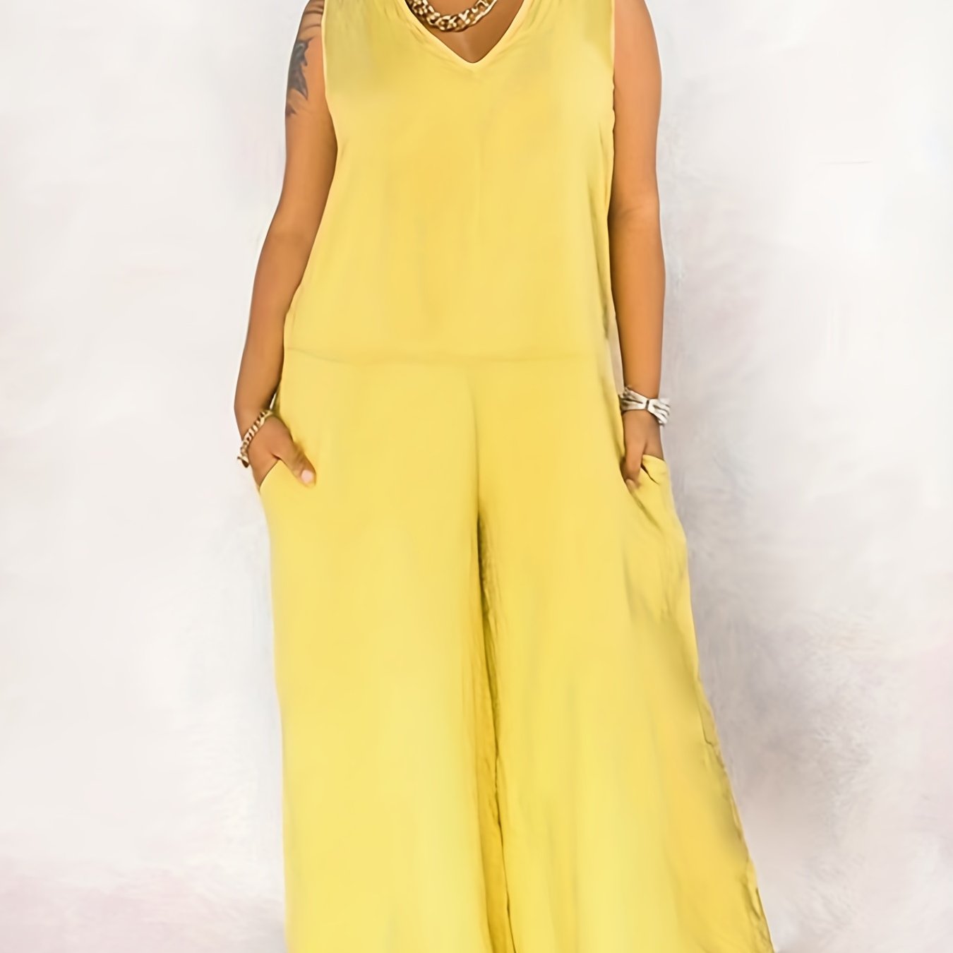 Solid V Neck Wide Leg Jumpsuit With Pockets