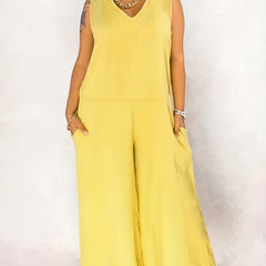 Solid V Neck Wide Leg Jumpsuit With Pockets