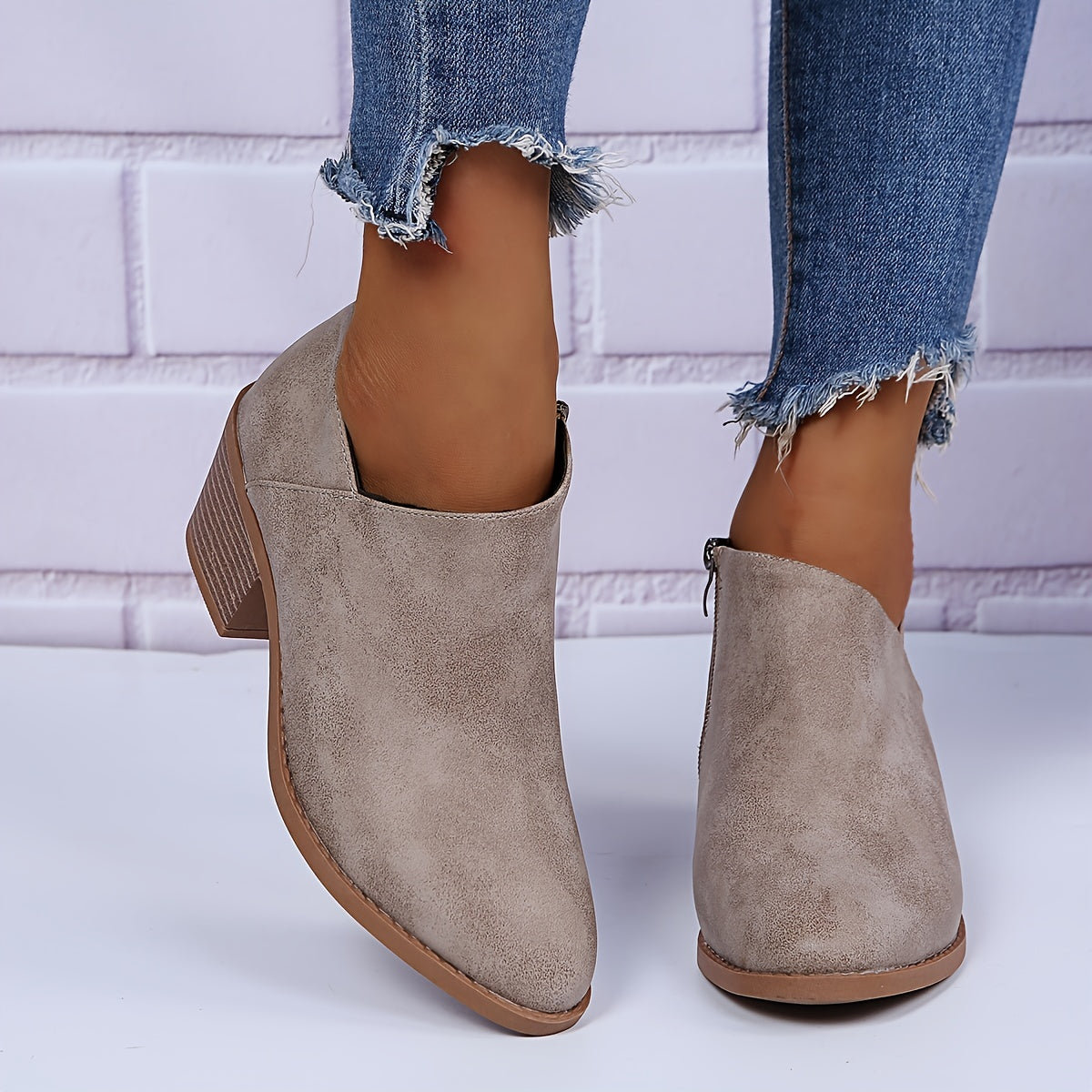 Women's Ankle Stacked Heel Short Boots V Cut Side Zipper