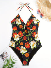 Floral Print Tie Front V-Neck Halter One Piece Bikini