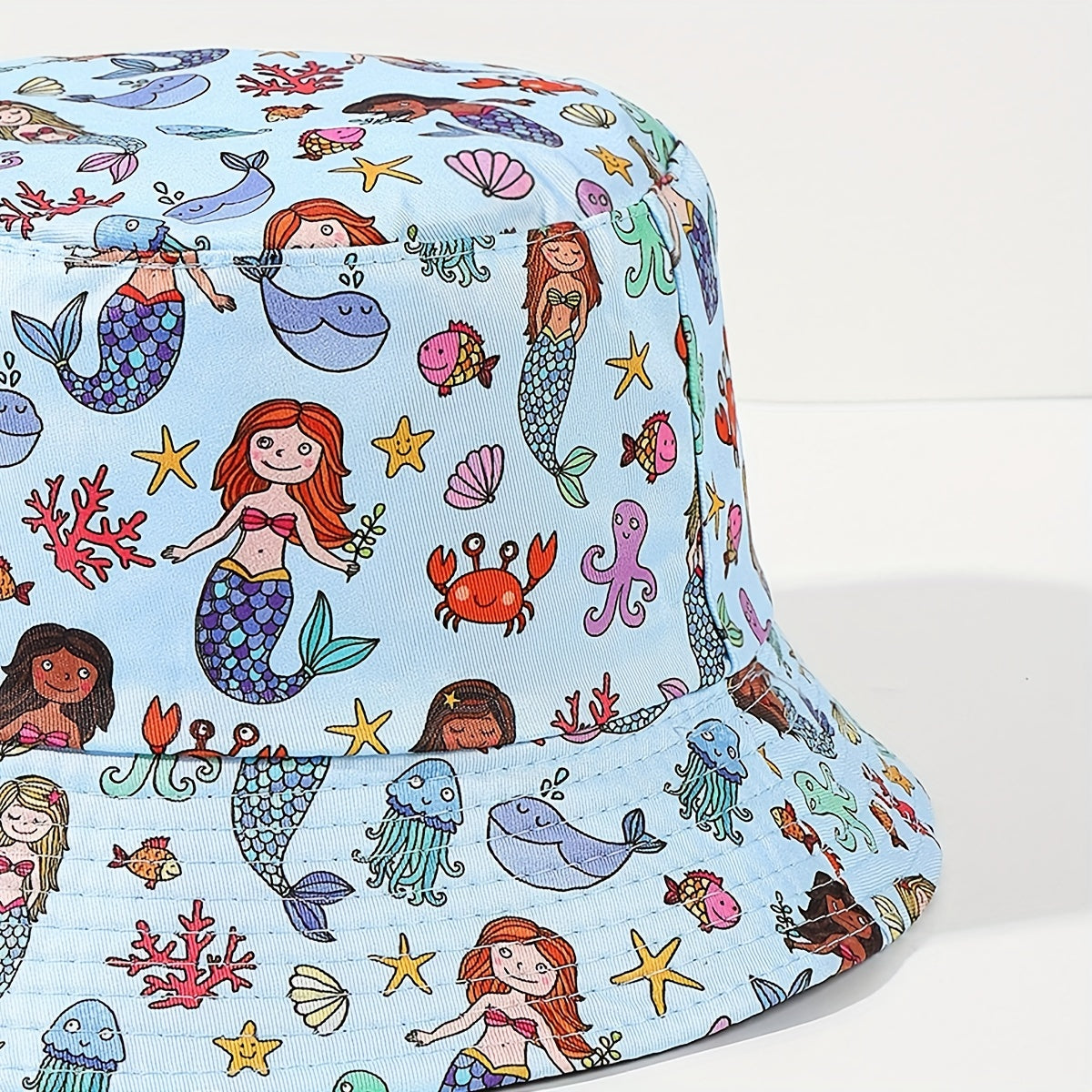 Kid's Mermaid Print Fisherman Hat, Sea Animals Sun Visor