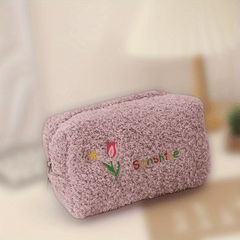 Embroidered Makeup Bag Plush Zip Toiletry Travel Organizer Gift