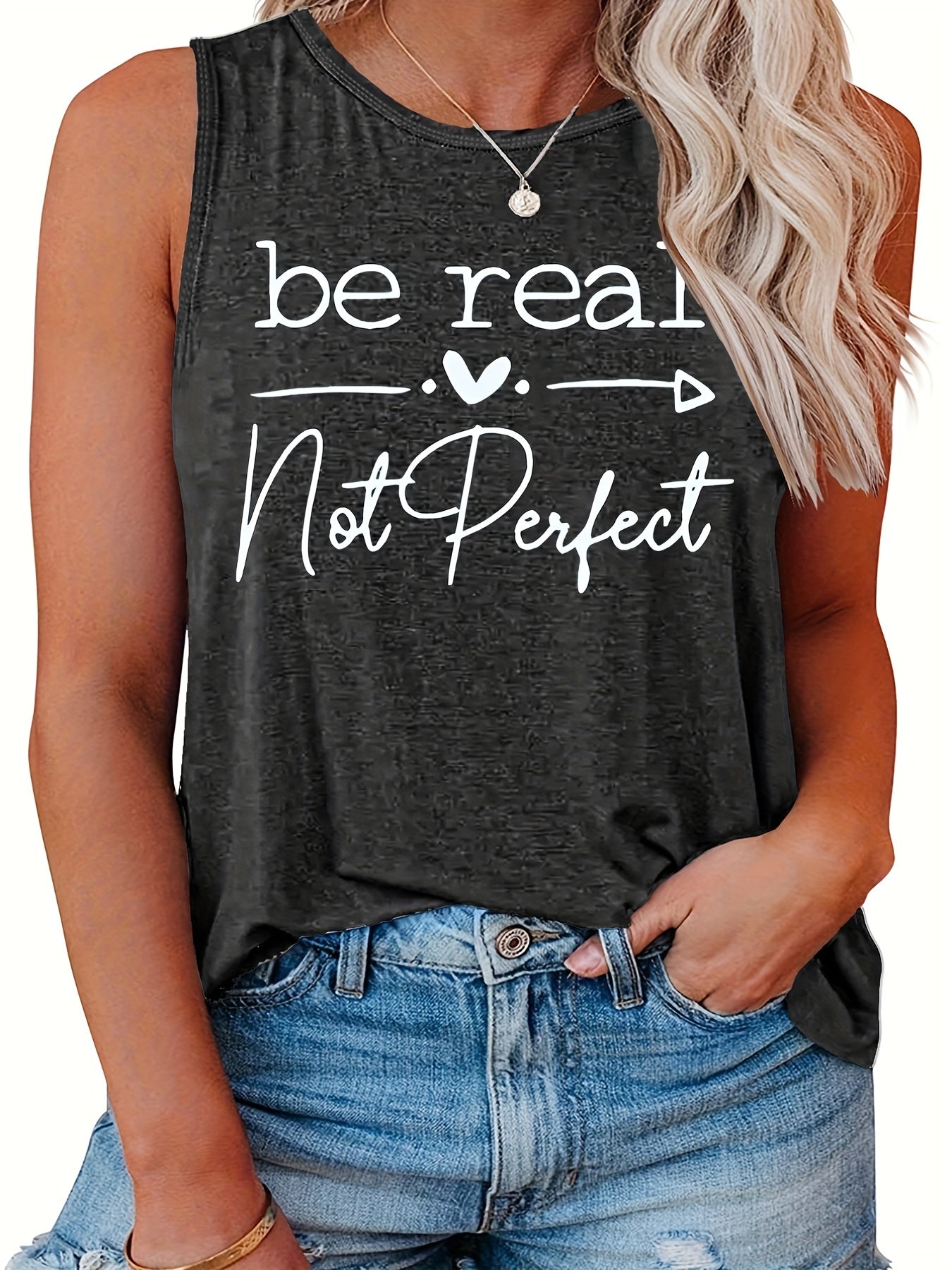 Casual Tank Top Women's Plus Slogan Print Round Neck Tank