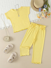 Girl's Ribbed T-shirt & Bowknot Pants Set Summer Outfit