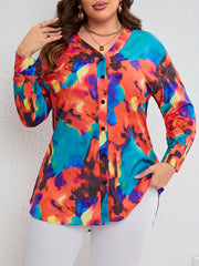 Tie Dye Button Up Long Sleeve V Neck Top