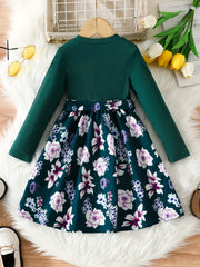 Floral Long Sleeve A Line Midi Dress with Belt
