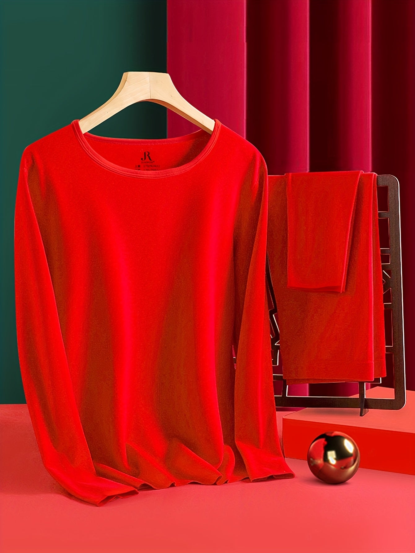 Solid Thermal Underwear Set Crew Neck Tops & Pants Women's Loungewear