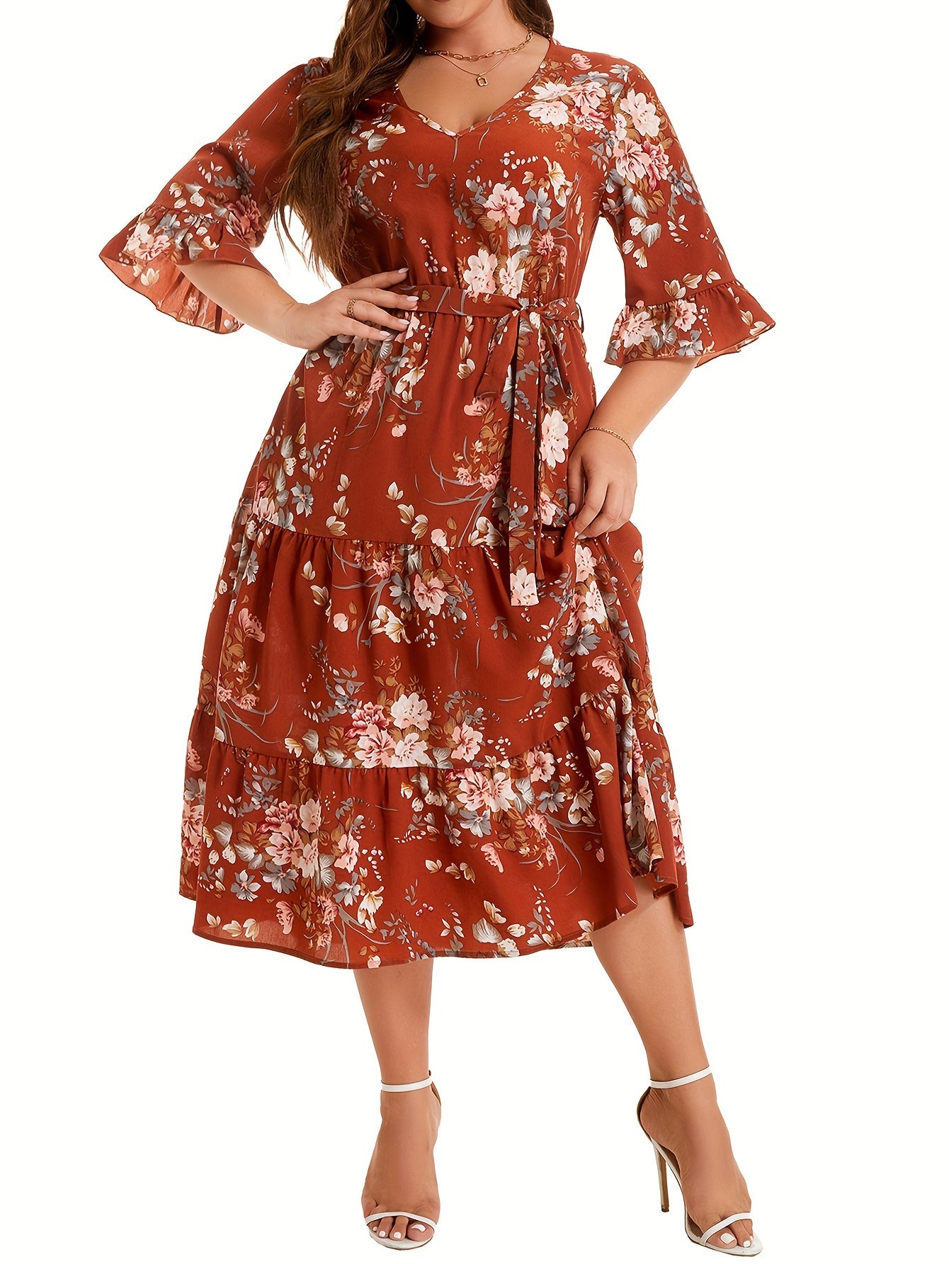 Floral Print V Neck Smock Maxi Dress