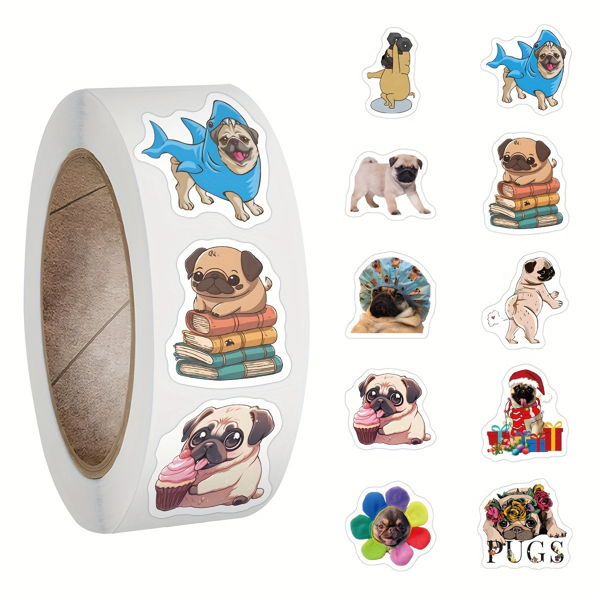 500 Pug Stickers Roll Scrapbook Laptop Bumper Skateboard